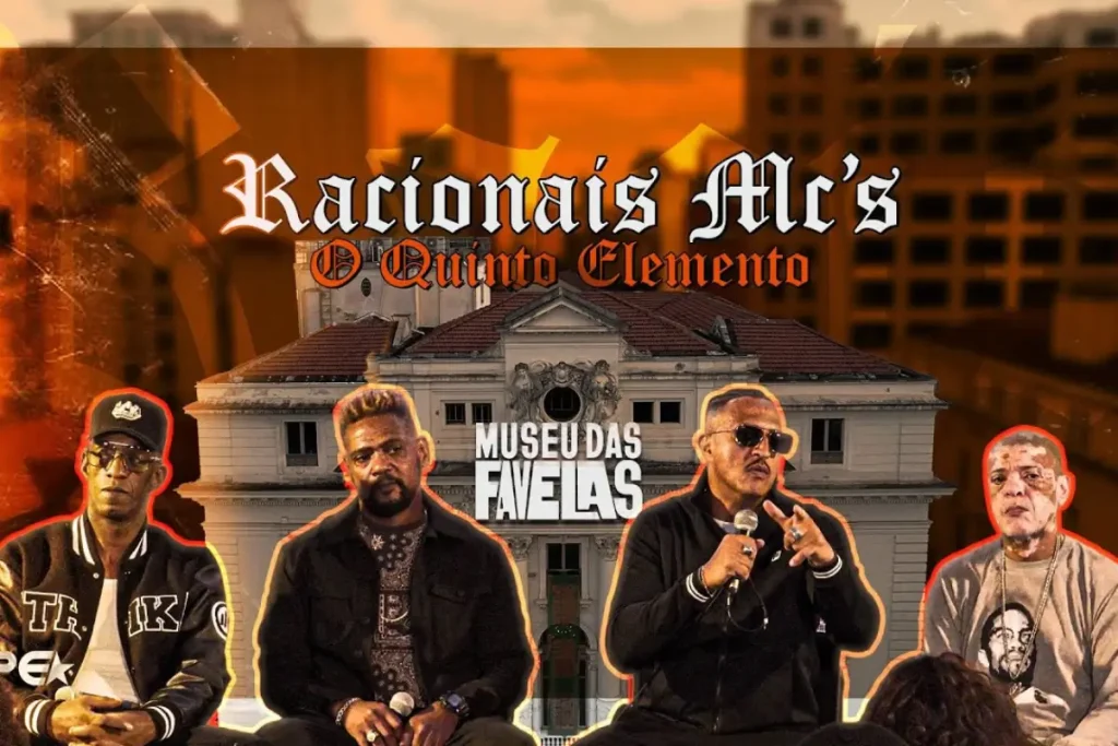 Foto dos quatro integrantes do grupo Racionais Mc´s, na abertura da exposição O Quinto Elemento.